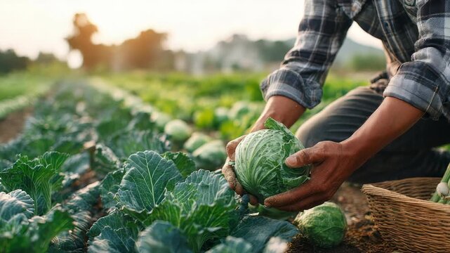 Farmer harvesting fresh green cabbage in organic vegetable field at sunrise, showcasing sustainable agriculture. Rural lifestyle, eco friendly farming practices are highlighted in this vibrant scene