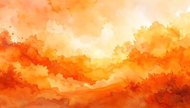 An abstract watercolor of a sunset, featuring blended oranges and yellows, suggestive of clouds and celestial light