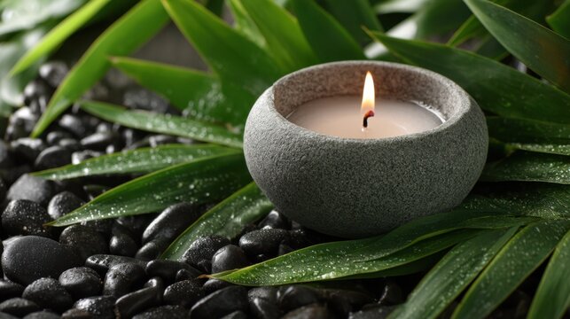 Burning candle in stone bowl on green leaf with black pebble. Spa therapy and wellness massage background. Calm relaxation atmosphere for holistic healing and healthcare treatment.