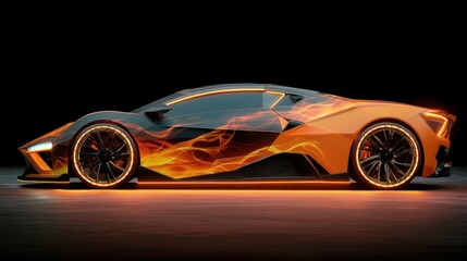 Fototapeta premium Supercar with abstract fire pattern on body side. Side view of futuristic orange sport vehicle. Automotive concept with glowing neon light wheel rim. Fast modern luxury auto design style.