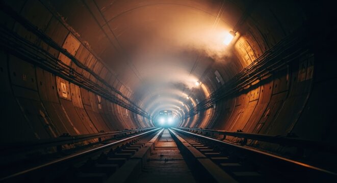 A train emerges from a tunnel, illuminated by the lights and fog