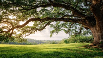 Huge ancient oak tree standing on green meadow at sunny day. Large twisted branches over meadow grass. Beautiful rural landscape under bright sunlight. Nature scenery and park view.