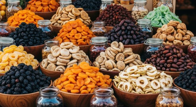 A vibrant display of various dried fruits in wooden bowls, spilling from jars
