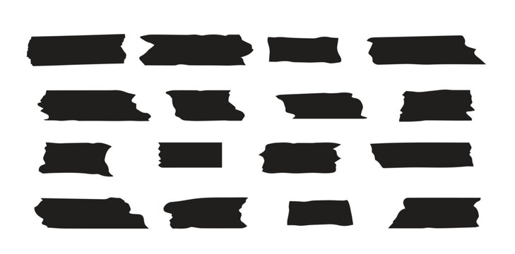 Set of black different Adhesive Tape Set, Duct and Sticky Paper Tape isolated 
on white background, Masking Torn tape icon vector illustration