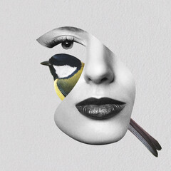 Abstract collage illustration of woman's face abstractly merging with a colorful great tit bird, representing freedom and thought. Grunge, noise and motion blur effect applied © Rytis