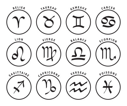 Signes du Zodiaque 12 Ic&ocirc;nes d'Astrologie avec leurs Noms en Fran&ccedil;ais, Illustration Vecteur