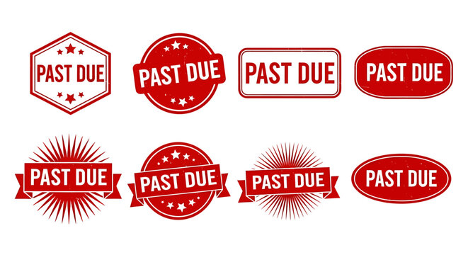 Collection of past due stamp icons in various shapes and designs for overdue reminders