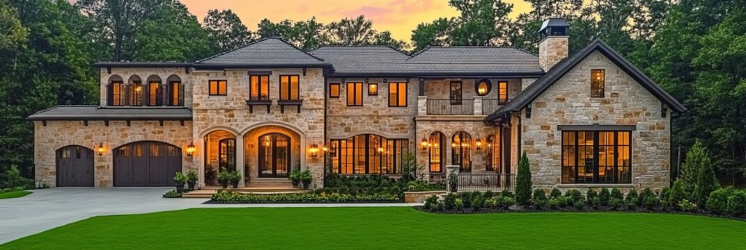 Elegant Home with Stone Faade, Manicured Lawn, and Warm Lighting near sunset, a Modern Residence
