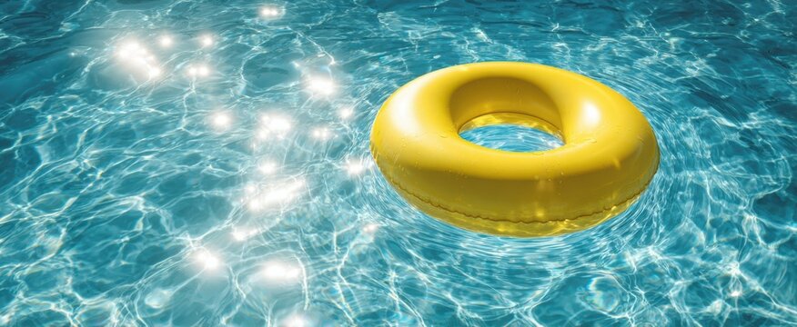 The yellow inflatable ring floating in sparkling sunlit swimming pool water