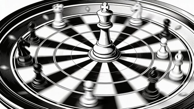 Conceptual Abstract Illustration of Chess Pieces on a Spinning Roulette Wheel Representing Business Strategy Risk Management and Strategic Decision Making
