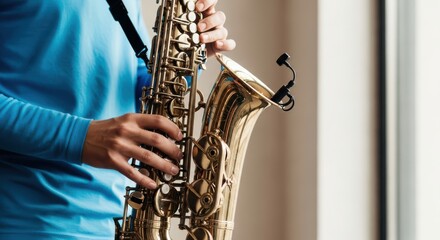 Obraz premium Person playing a saxophone with a blue shirt on a blurred background