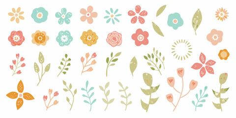 Obraz premium Collection of colorful hand drawn floral illustrations and delicate green leaves