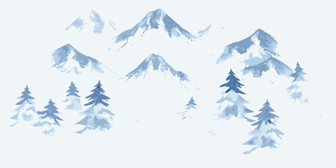 Watercolor painting of blue mountains and evergreen trees isolated on white © Rakesh