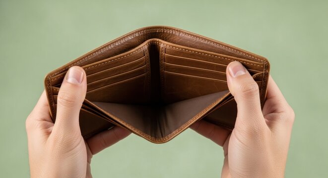 Empty brown leather wallet held open against a pale green backdrop, showing emptiness