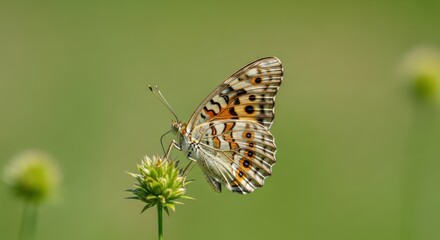 Obraz premium A delicate butterfly with intricate patterns on its wings, perched on a small green flower in a lush meadow, surrounded by towering trees and a clear blue sky.