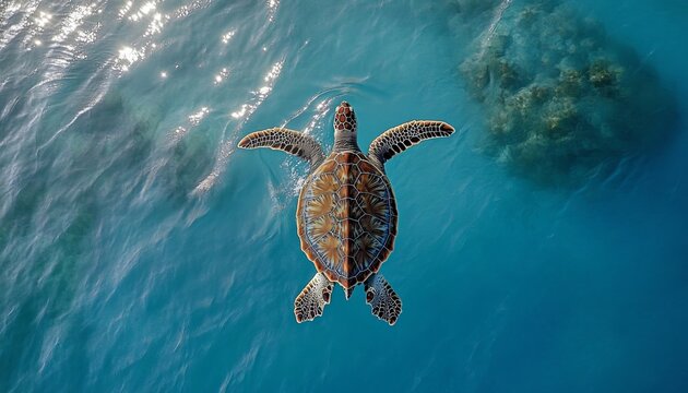 Graceful green sea turtle swimming over tranquil turquoise ocean waters in its natural habitat.