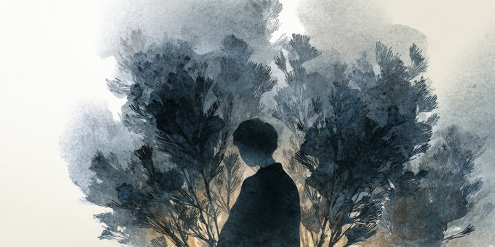 Solitary child silhouette beside dark forest thoughts abstract watercolor scene
