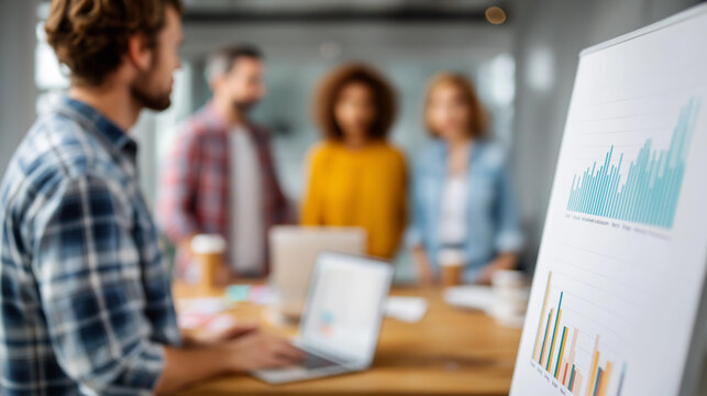 Faceless tech startup team gathered around a whiteboard and laptop during a market research session, charts and data projections visible, defocused startup office behind, startup market