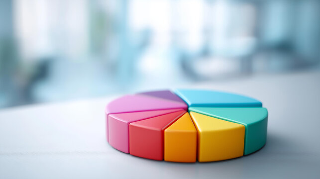 Colorful pie chart graphic showing marketing budget allocation across categories &mdash; advertising, social media, content, events &mdash; on a bright clean surface, defocused office background, marketing