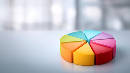 Fototapeta premium Abstract 3D colorful pie chart and bar graph graphic elements on a clean gradient background, data labels floating beside each segment, defocused minimal environment, abstract chart graphic, 3D