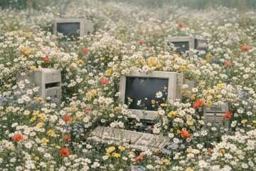 Fototapeta premium Vintage computers amidst wildflowers