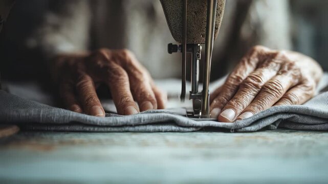 Close up of elderly hands sewing fabric with a vintage sewing machine, showcasing skilled craftsmanship and attention to detail. The scene highlights traditional textile artistry