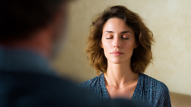 Calm woman meditation therapy session with closed eyes facing counselor for mindful holistic healing support