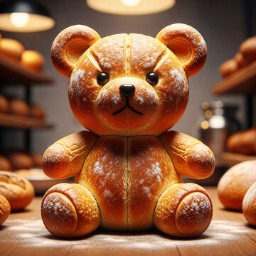 Cute bread bear character. Funny bakery bread teddy mascot, creative pastry animal food art concept bakery background