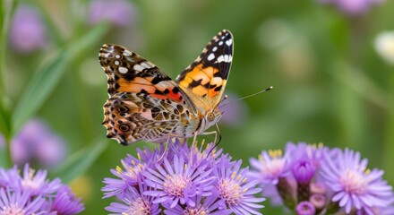 Obraz premium A vibrant and colorful butterfly with intricate patterns on its wings, perched on a cluster of purple flowers in a garden setting.