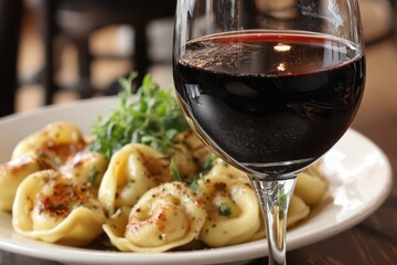 Naklejka premium Close-up shot of a glass of red wine with a plate of delicious looking tortellini, served with fresh herbs on a wooden table in a restaurant setting.