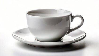 Obraz premium Elegant White Ceramic Teacup and Saucer Set on a Clean White Background.