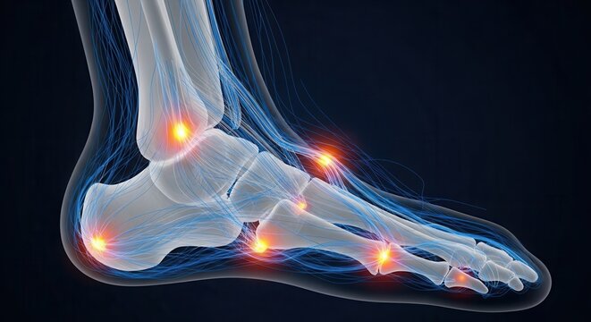 Detailed 3D rendering of a human foot skeleton with highlighted painful joints indicating inflammation or injury.