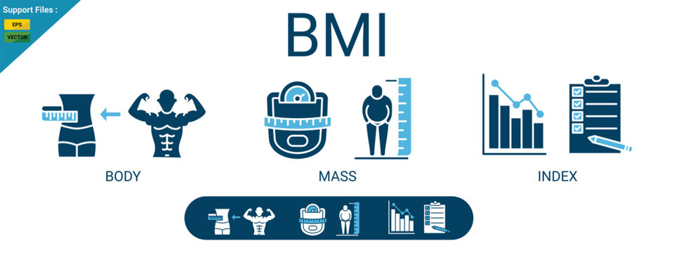 BMI - Body mass index fot health life, obesity and overweight vector illustration with icons and keywords, icon two color