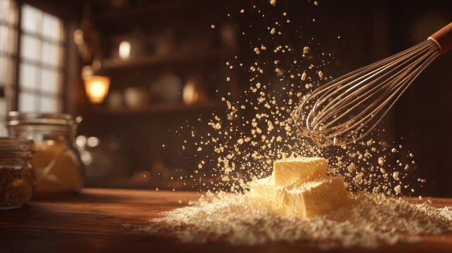 Butter blocks being whipped with flour on kitchen counter. Baker preparing cake dough with metal whisk. Baking process, culinary art and homemade pastry preparation in rustic kitchen.