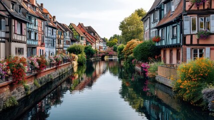 Naklejka premium Traditional timber framed houses along a canal in Colmar, France. Scenic European old town architecture decorated with colorful flowers. Romantic village travel destination in summer.