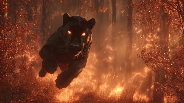 Black panther running through a forest fire. Wild cat with glowing eyes leaping inside a burning woodland. Dangerous predator in smoke and heat. Concept of nature power and survival.