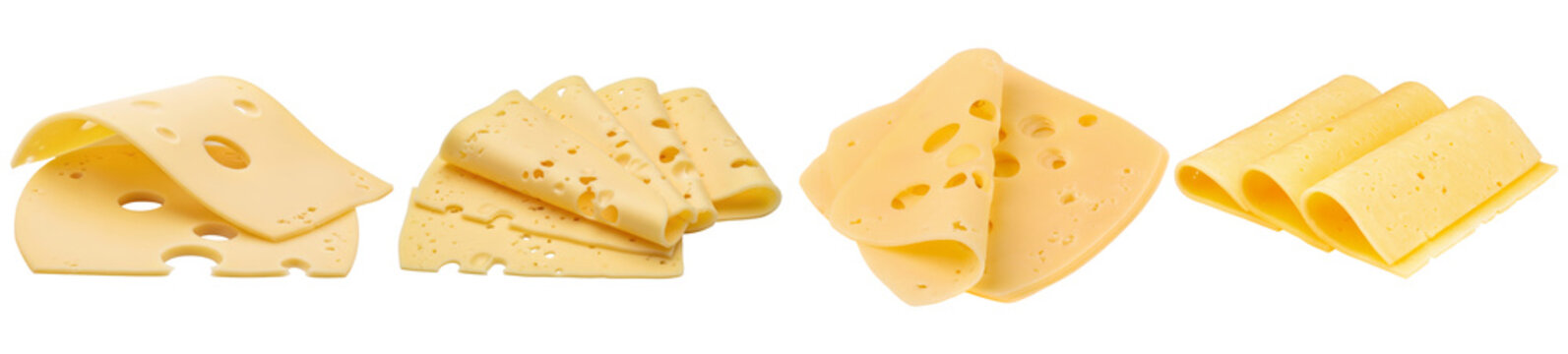 Various delicious and fresh yellow cheese slices, some folded and stacked, isolated on a transparent background.
