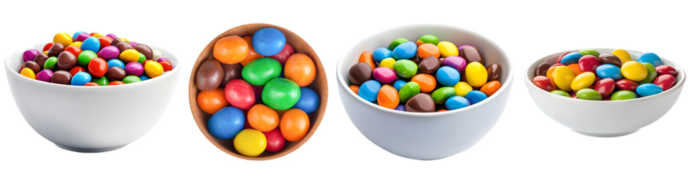 A vibrant collection of colorful chocolate candies in various bowls, isolated on a transparent background.
