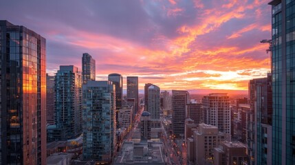 Fototapeta premium Vibrant sunset over modern city skyline with towering glass skyscrapers. Urban panorama at dusk reflecting orange and pink skies in golden hour glow