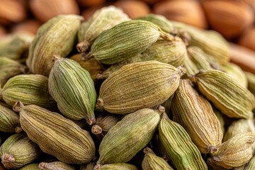 Fototapeta premium A close-up shot showcases a heap of aromatic, green cardamom pods, emphasizing their texture and freshness, ideal for culinary and spice-related projects.