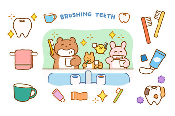 動物キャラクターの歯みがきイラストセット｜生活習慣・幼児向け © ぷらいまり