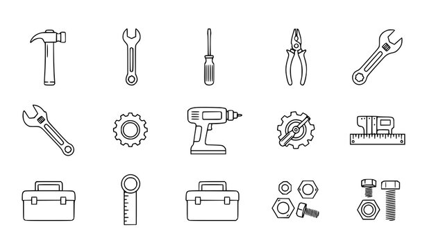 A set of line art icons depicting various tools and equipment for construction and repair work