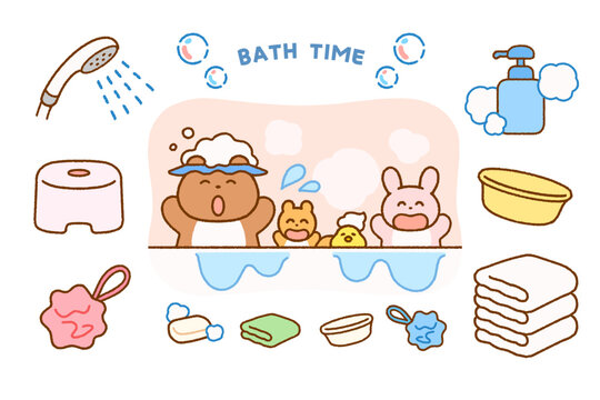 動物キャラクターの入浴イラストセット｜生活習慣・こども向け