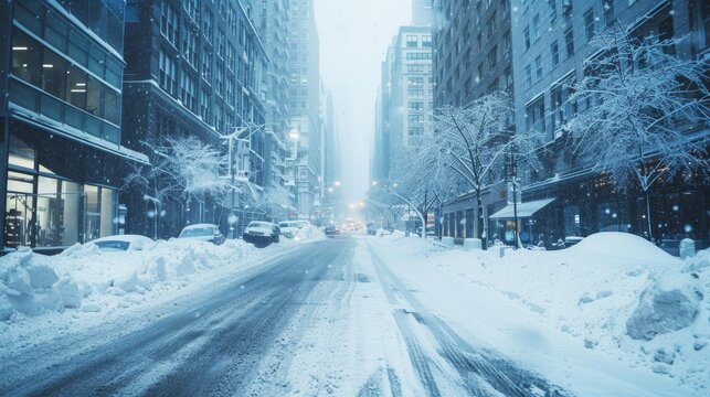 Snowy city street at night during winter blizzard with glowing streetlights