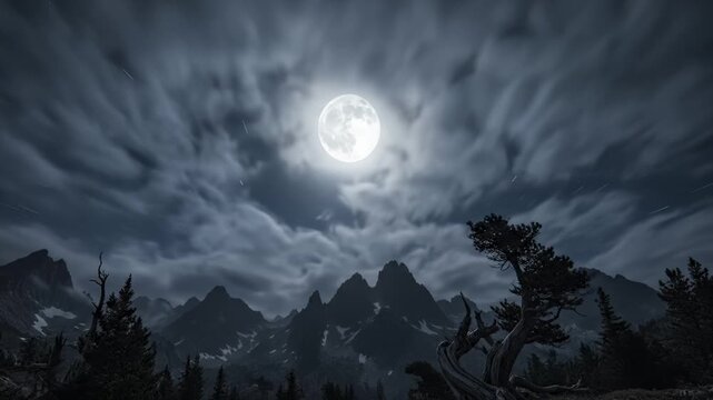 Full Moon Shines Over Dark Mountain Landscape