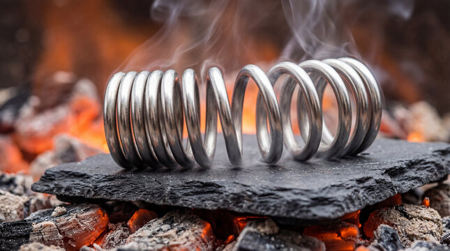 Smart Materials Thermodynamics Concept Macro Shape Memory Alloy Spring Uncoiling on Heated Surface