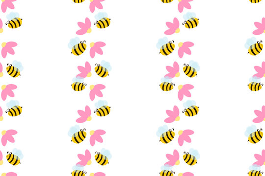 Whimsical seamless pattern featuring cute bumblebees and pink flowers in vertical rows, perfect for honey production branding, beekeeping textiles, nursery wallpaper and decorative border.