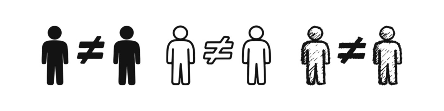 People icons with inequality symbol in various styles: solid, outline, and sketchy. Concept of social disparity and discrimination.