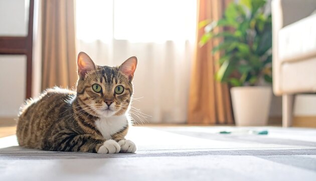 A tabby cat reclines indoors, bathed in sunlight. It looks directly at the camera with its forepaws neatly tucked. A blurred background