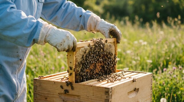 Beekeeper in protective suit and gloves carefully inspecting a wooden frame covered in busy honey bees and honeycomb, extracting it from a beehive in a vibrant green meadow